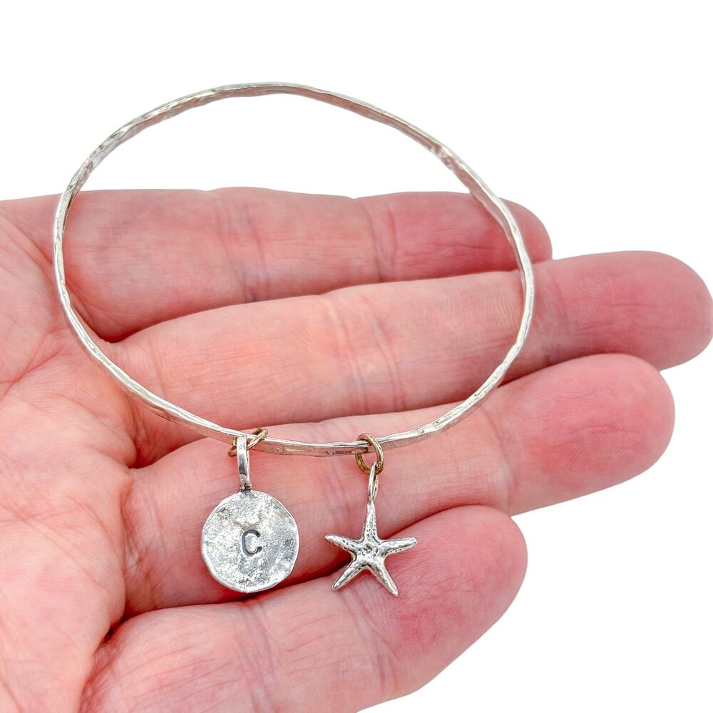 Vintage Sterling Silver 925 Bangle Bracelet w/ Initial C & Starfish Charms 7.75"